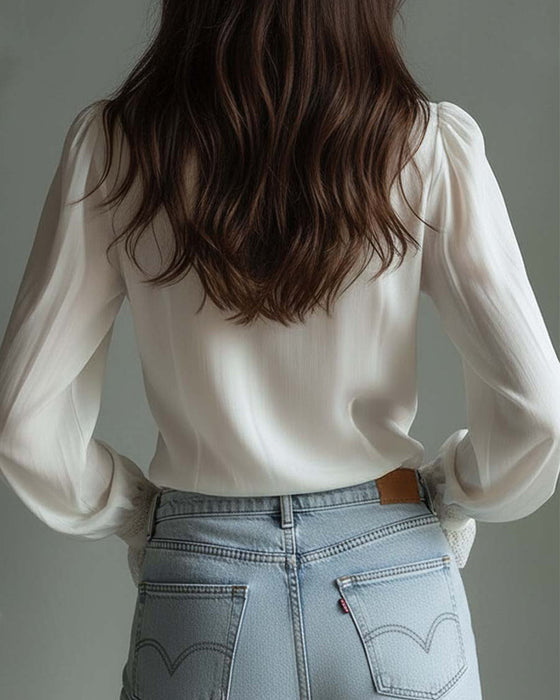 Blouse Staande Kraag Kant Patchwork