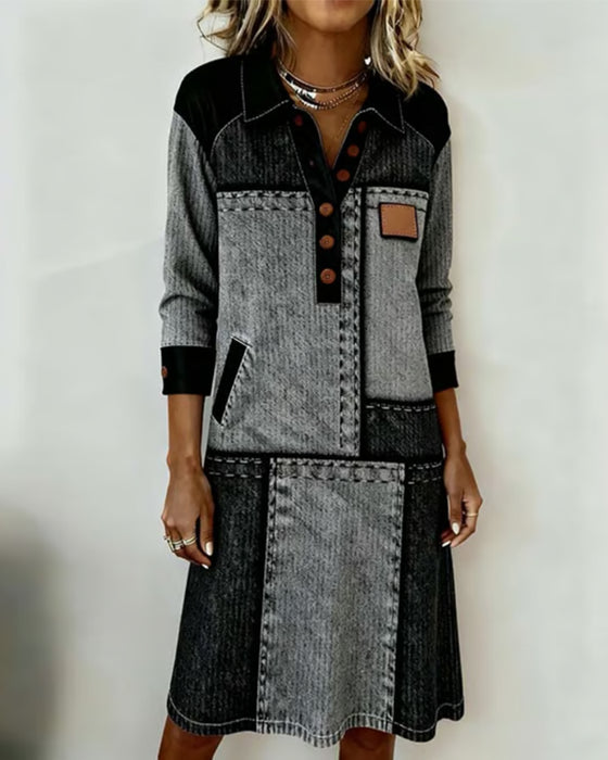 Jurk Knoop Rever V-hals Kleurvlak Modieus