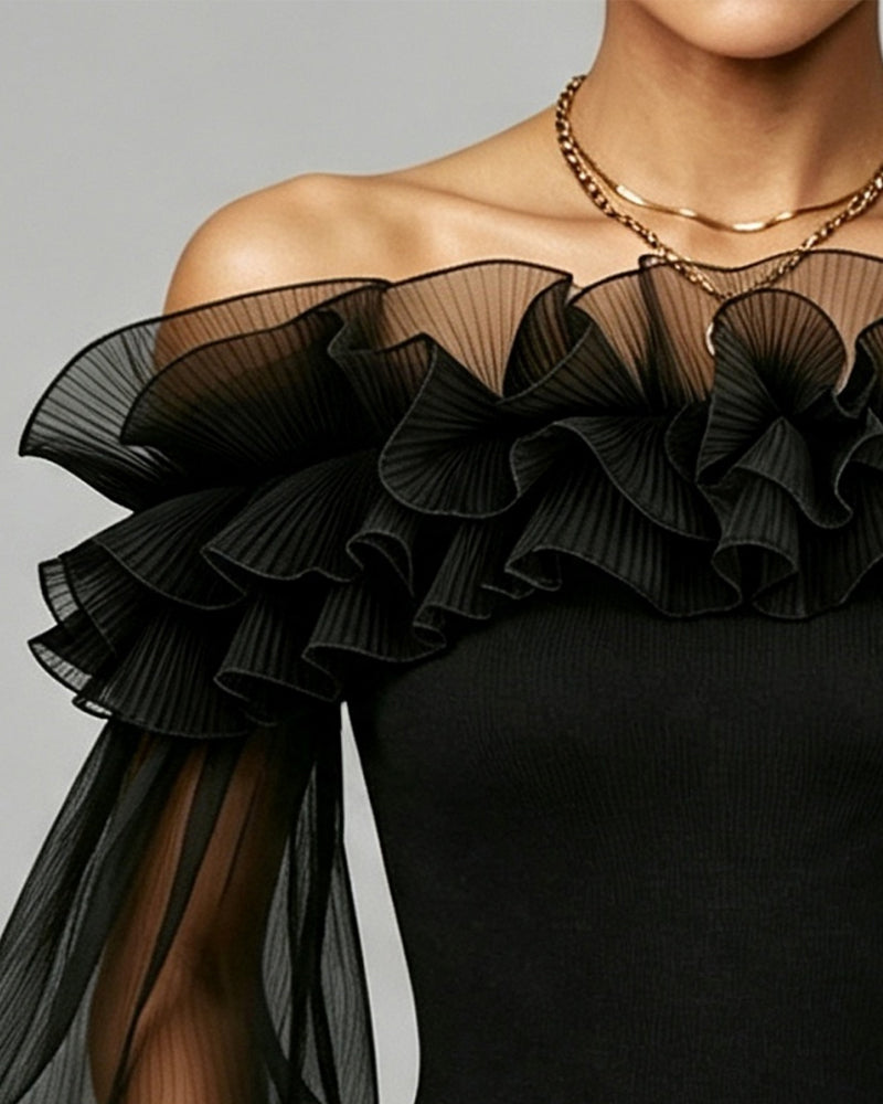 Top Off-Shoulder Mesh Ruches Effen