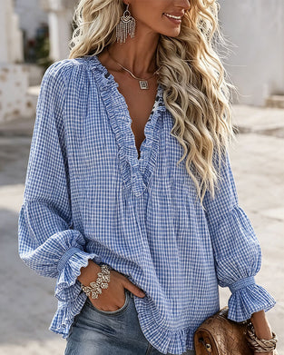 Blouse Ruffle Rand Relaxed Geruit