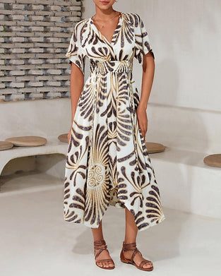 Onregelmatige elegante jurk met V-hals en print