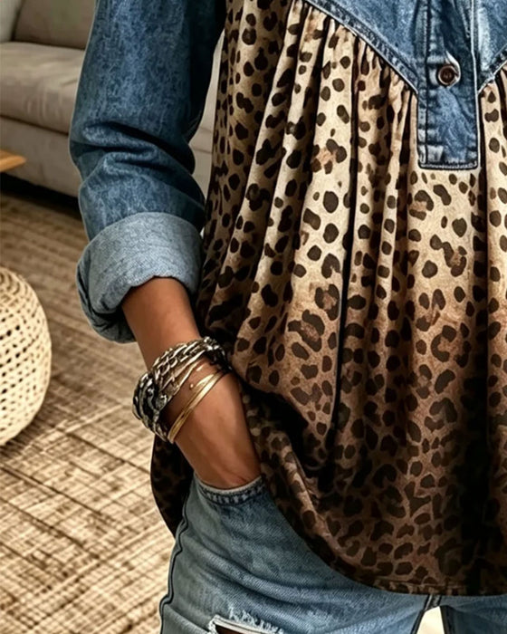 Top Denim Luipaardprint Patchwork Kraag