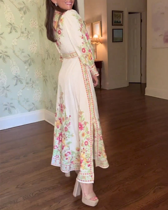 Elegante maxi-jurk met revers en lange mouwen met bloemenprint