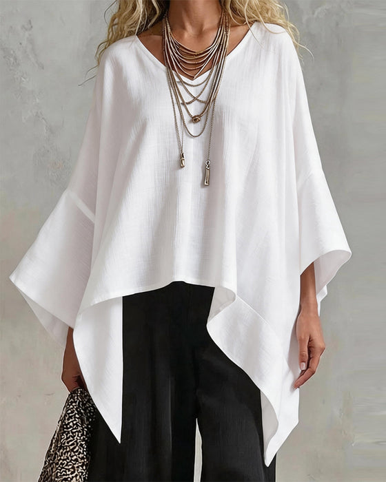 Blouse V-Hals Onregelmatige Vleermuismouw Los