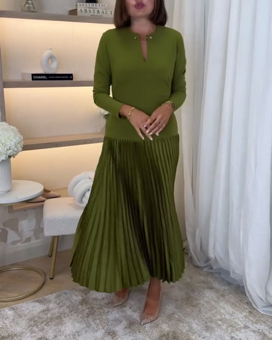 Casual effen kleur jurk met lange mouw en plooi