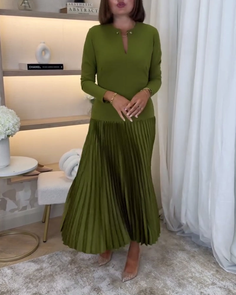 Casual effen kleur jurk met lange mouw en plooi