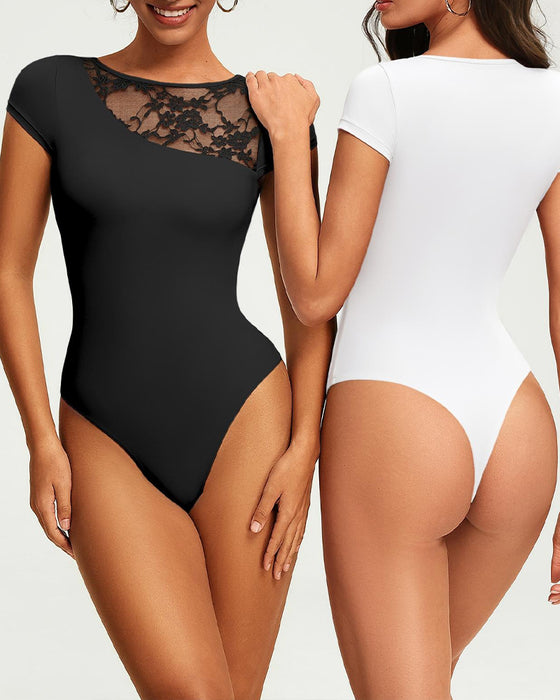 T-Shirt Sheer Kant Paneel Getailleerd Bodysuit
