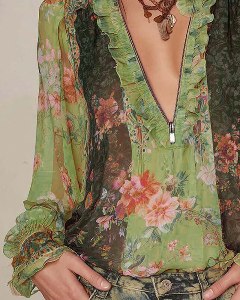 Halfritsluiting Bloemenprint Blouse