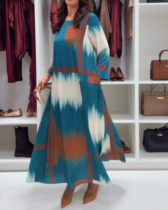 Modieuze Gedrukte Jurk Met Ronde Hals En Lange Mouwen