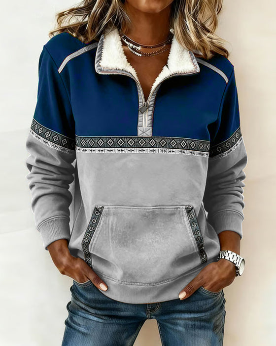 Retro Sweatshirt Met Colorblocking En Bontkraag