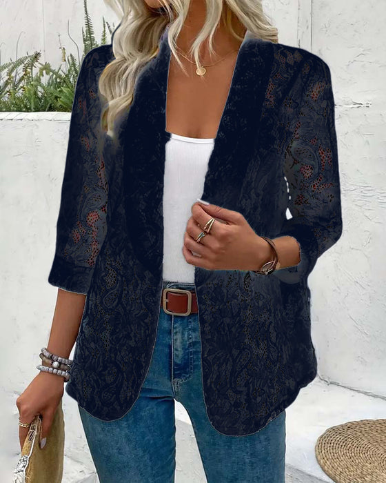 Effen kleur elegante jas met bloemenkant en revers