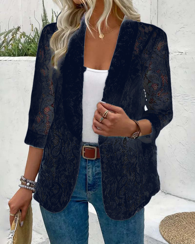 Effen kleur elegante jas met bloemenkant en revers