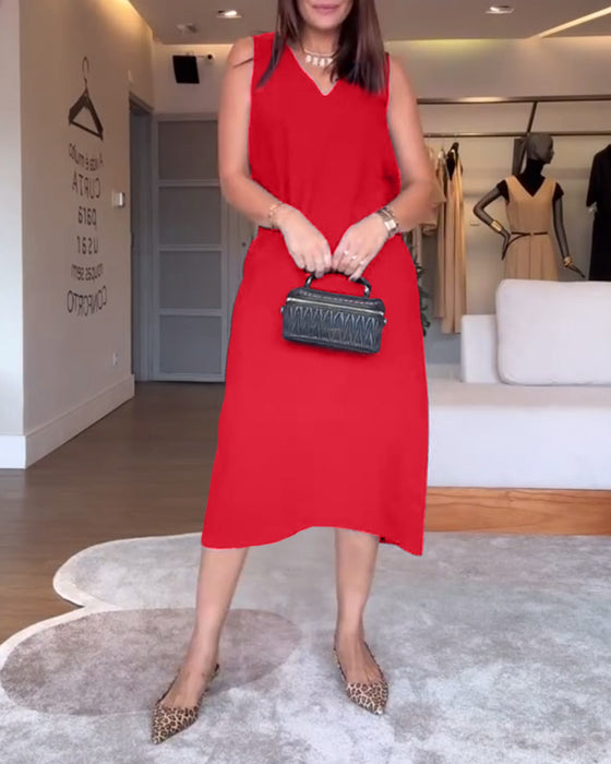 Jurk casual v-hals mouwloos effen kleur split