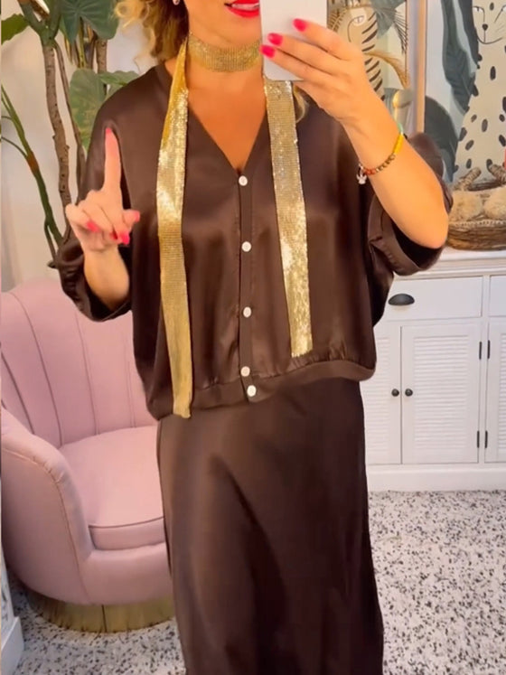 Casual effen kleur rok set met knoop en V-hals