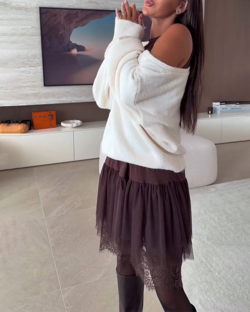 Off-Shoulder Wijd Trui & Kant Zoom Jurk