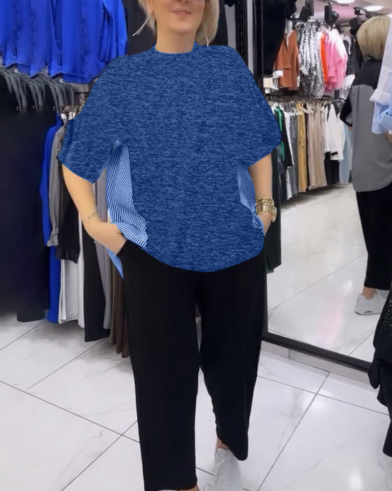 Casual blouse met patchwork en krijtstreep