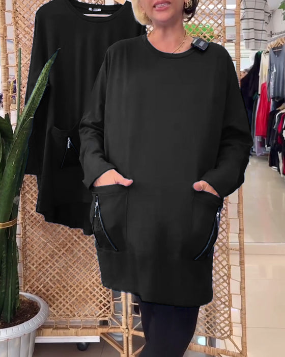 Sweatshirt ronde hals effen kleur ritszak