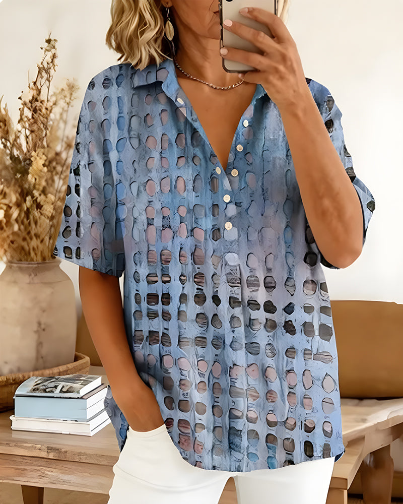 Blouse Stippenprint Knoop Half Knoopsluiting