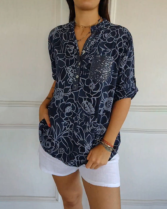 Blouse V-hals Met Knopen Bedrukt