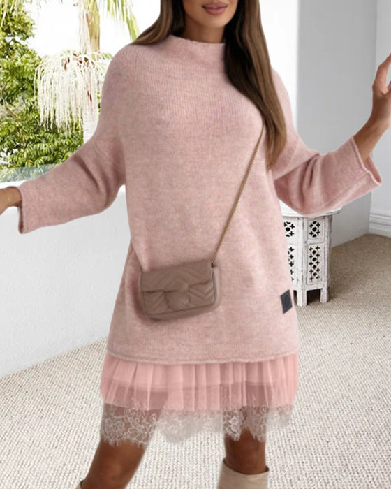 Casual hoge kraag pullover mesh jurk set in effen kleur