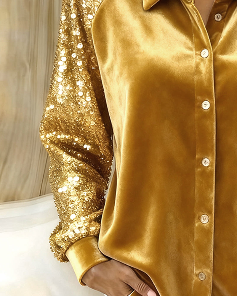 Langmouwige Blouse Met Pailletten Op De Revers