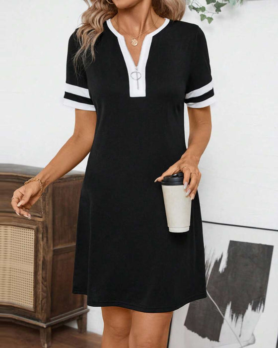 Jurk Half-Rits Colorblock Slim-Fit Kort Mouw