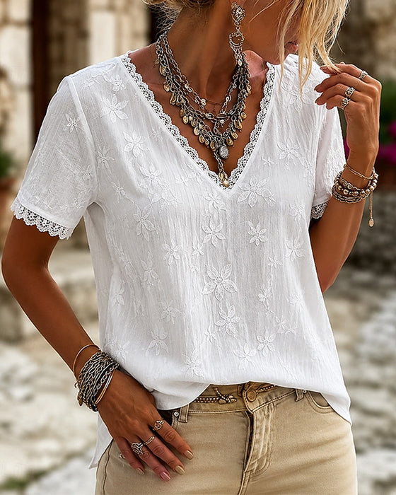 Blouse V-Hals Kant Korte Mouw