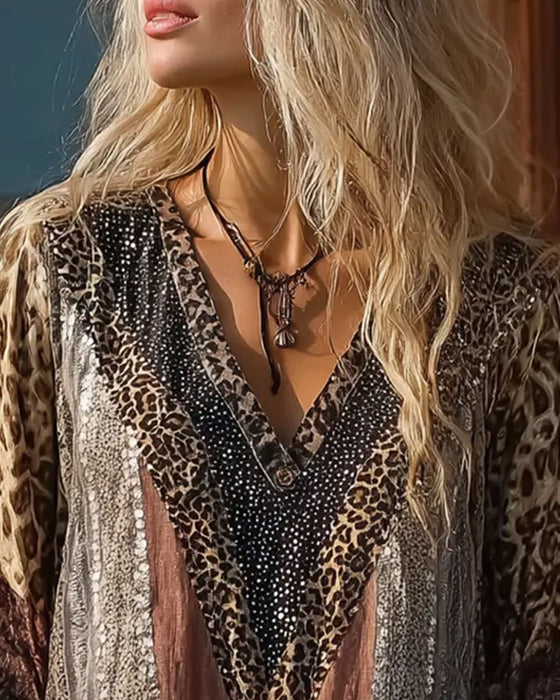 Blouse Luipaard Patchwork V-Hals Print