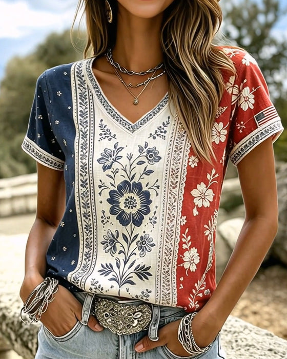 T-Shirts Kleurblok Etnisch Bloemen V-Hals