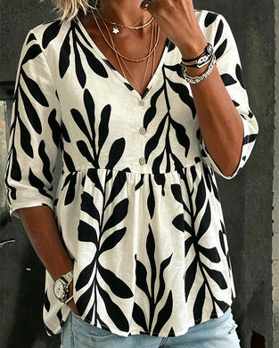 Blouse V-Hals Los Afdruk Korte Mouw