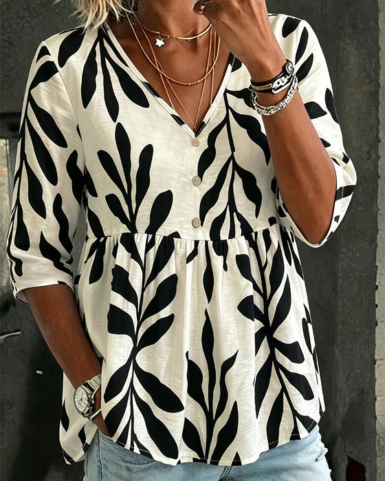 Blouse V-Hals Los Afdruk Korte Mouw