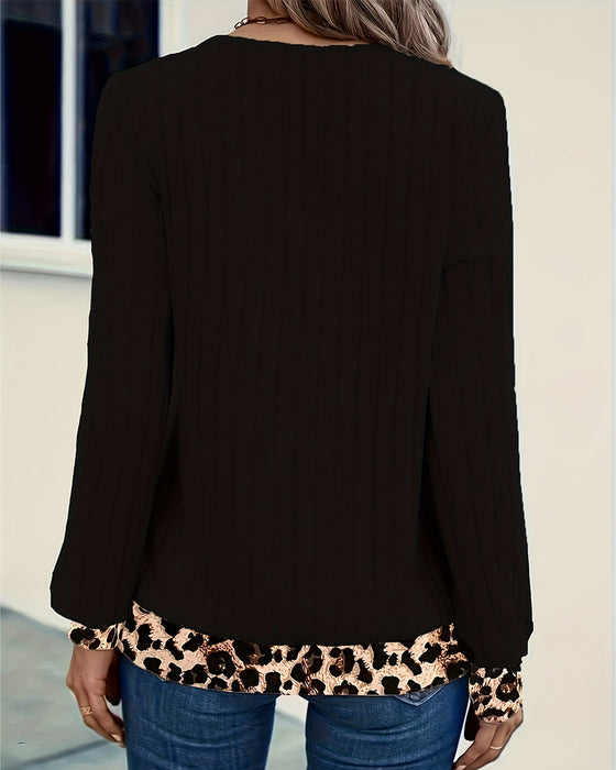 Top Lange Mouw V-Hals Luipaard Patchwork