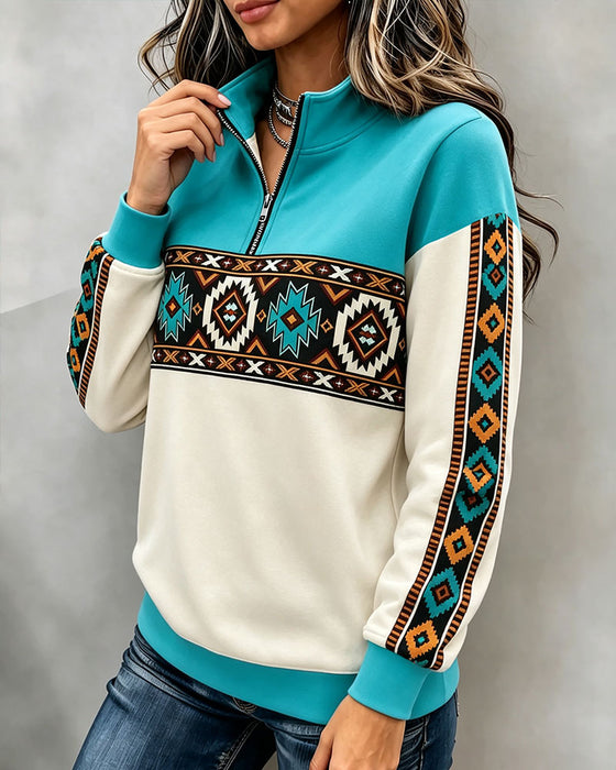 Hoodie Etnisch Geometrische Print Halfrit Mandarin Kraag