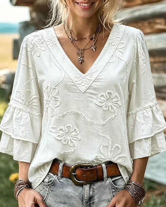 Blouse Driedimensionaal Reliëf Bloemen V-Hals Uitlopende Mouw