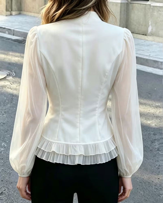 Blouse Mini Mandarin Kraag Sheer Ruffle