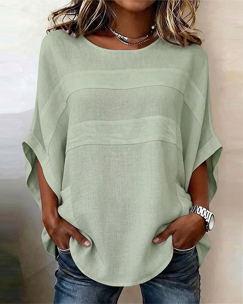 Blouse 100% Katoen Vleermuismouw Losse Pasvorm Ronde Hals
