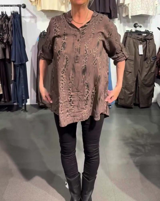 Blouse V-Hals Knoop Voor Luipaard Print Relaxed