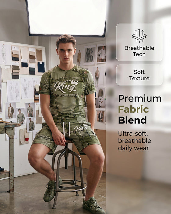 Herenset Met Rondhals Monogram-T-Shirt En Trekkoord-Shorts