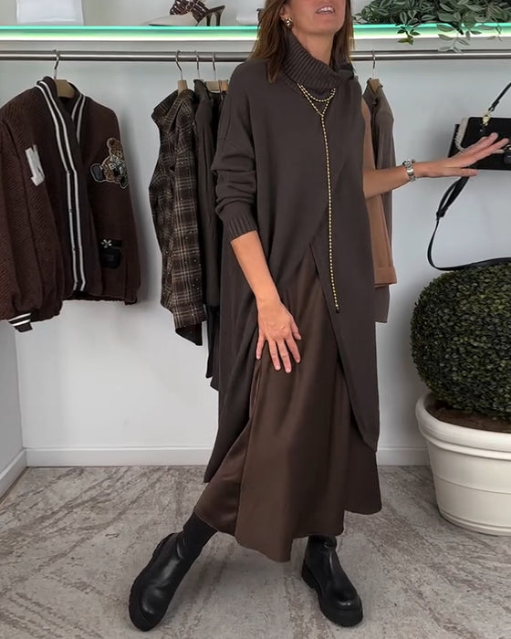 Mode effen kleur pullover met hoge kraag en split