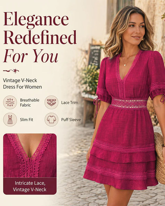 Jurk V-Hals Gelaagd Effen Kant Patchwork