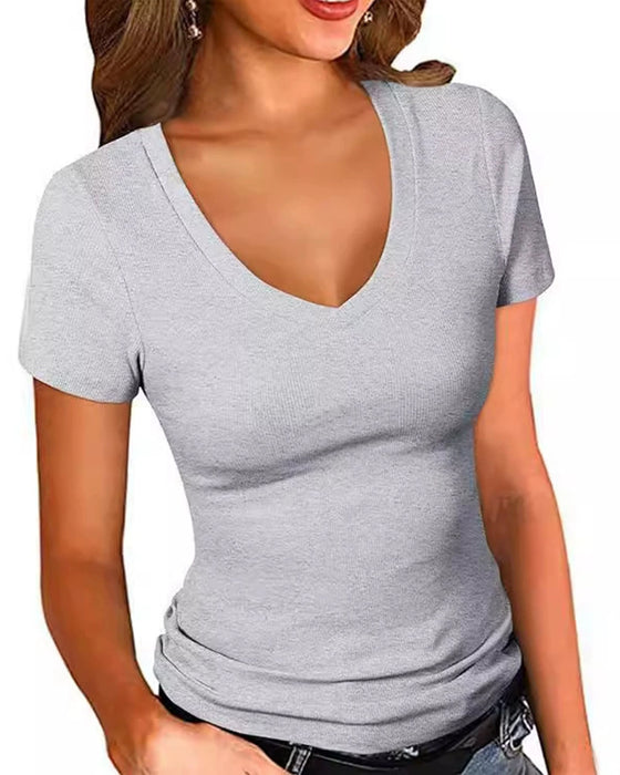 T-Shirt Geribbeld Slim Fit V-Hals Korte Mouw