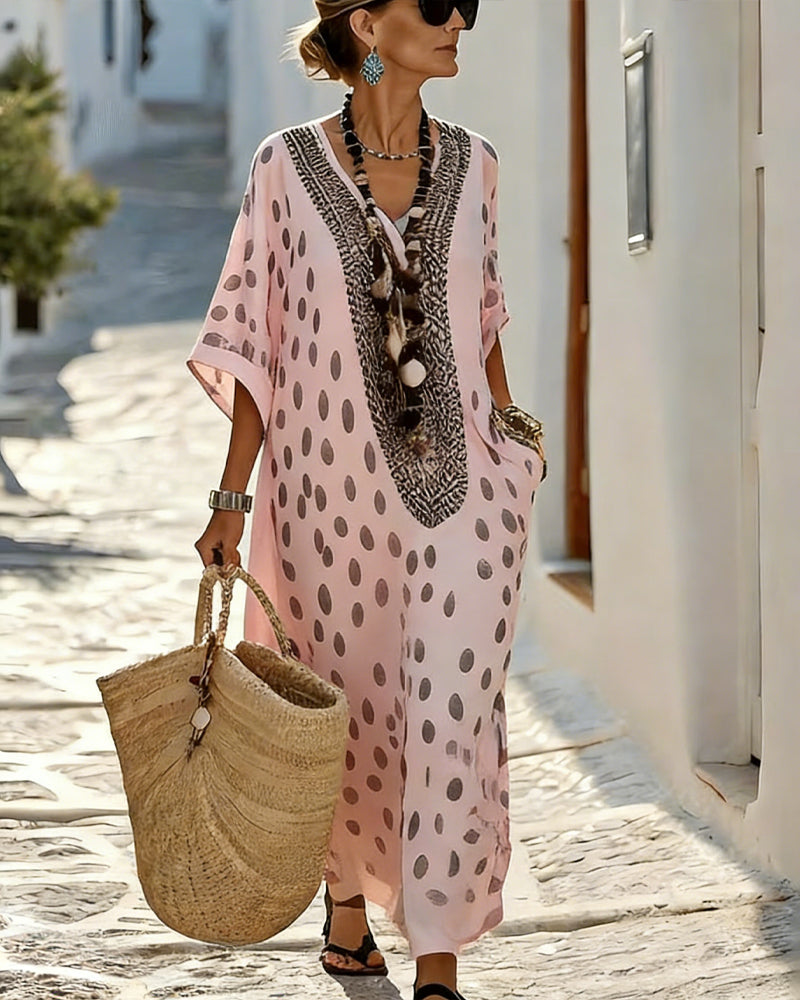 Jurk V-Hals Stippen Resort Print