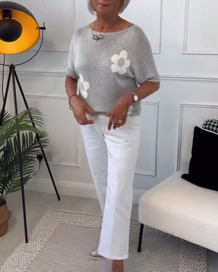 Smalle trui met ronde hals en bloemenprint