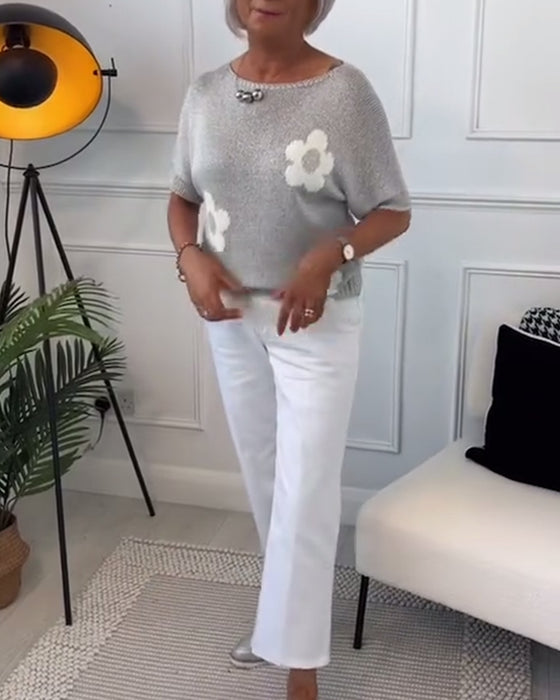 Smalle trui met ronde hals en bloemenprint