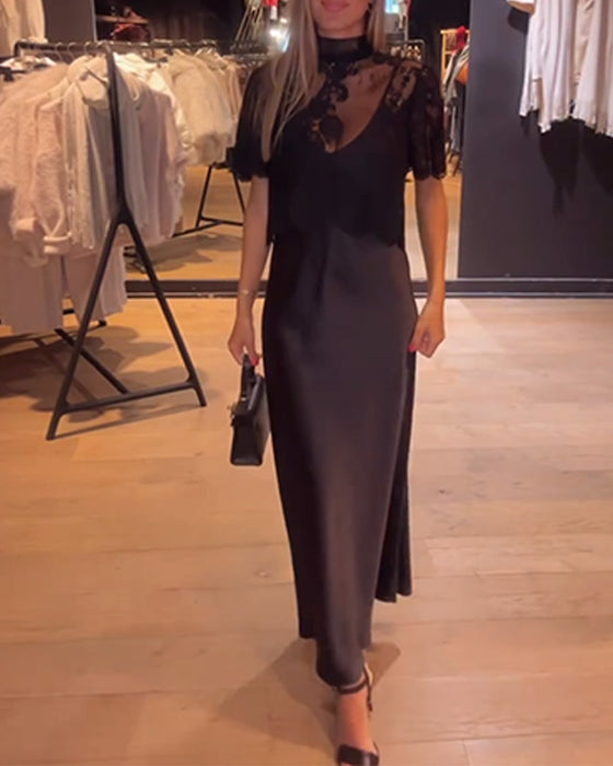 Set Kanten En Meshblouse Met Gedrapeerde Slipjurk