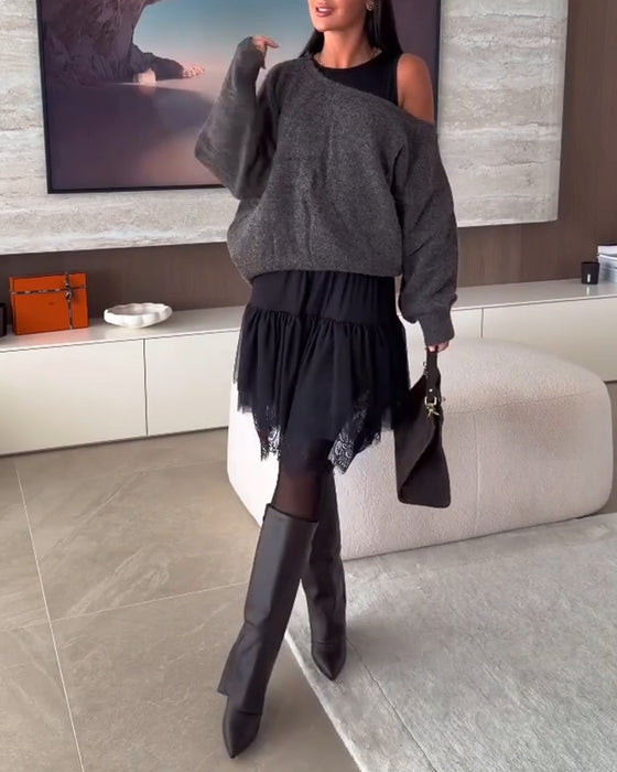 Off-Shoulder Wijd Trui & Kant Zoom Jurk