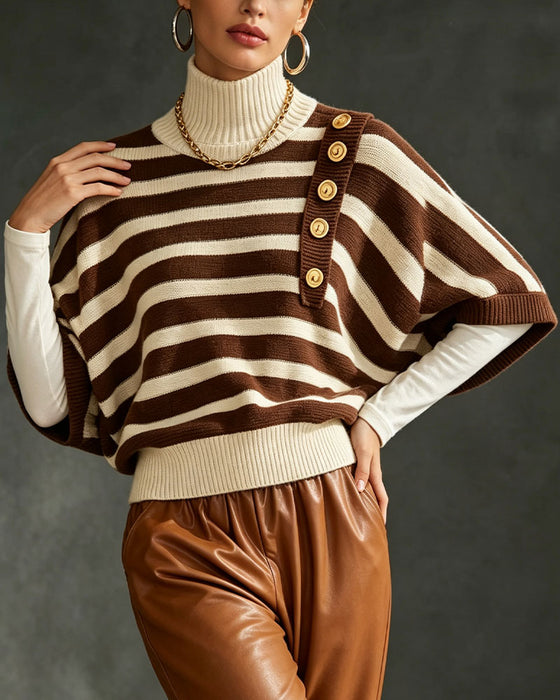 Pullover Turtleneck Knoop Gestreept Halfmouw Trui