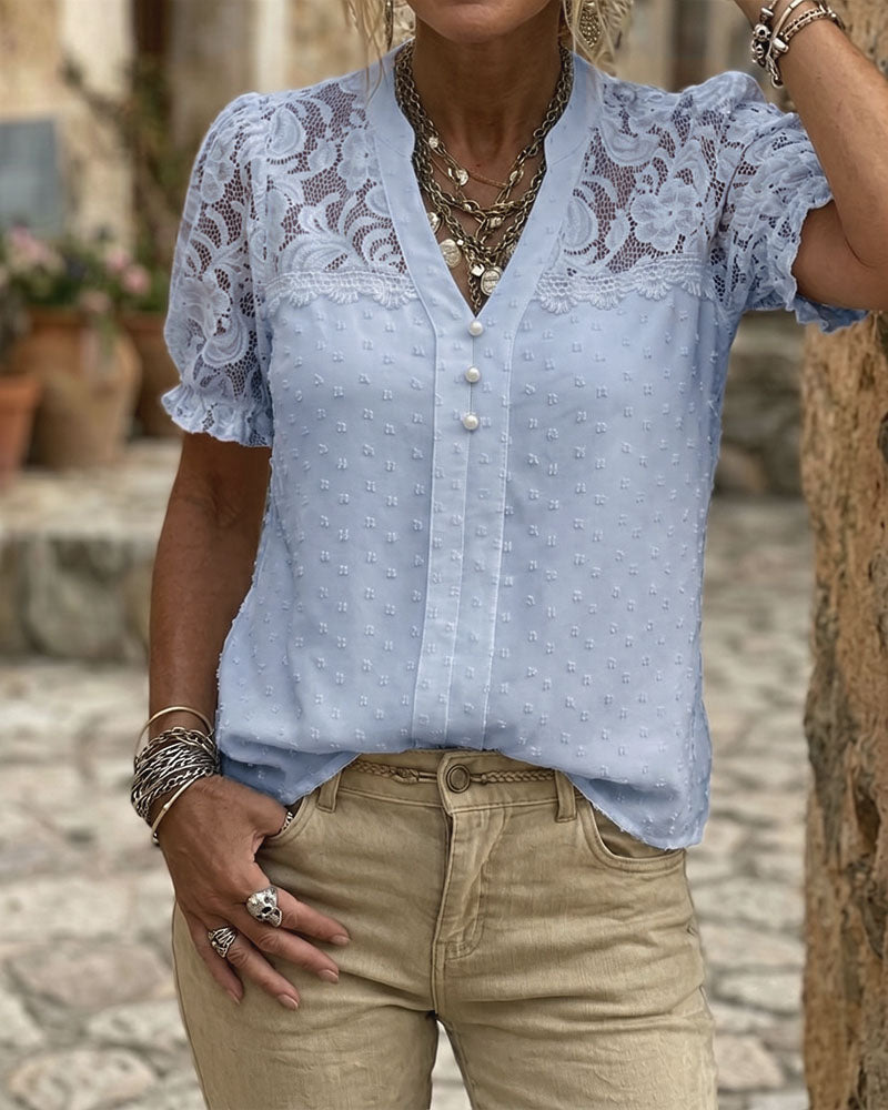 Blouse Kant Patchwork Pofmouw V-Hals