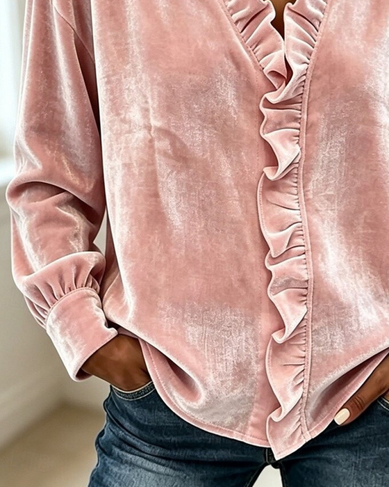 Blouse V-Hals Ruffle Effen
