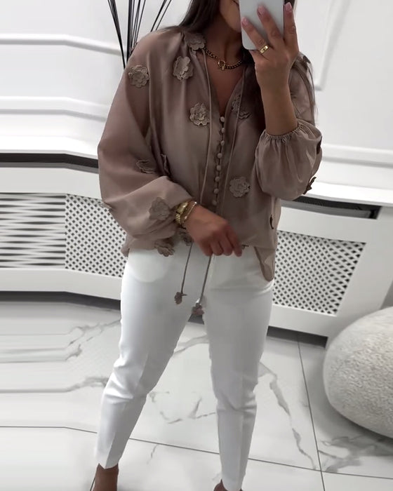 Blouse Effen Kleur 3D-Bloemen Met Vetersluiting